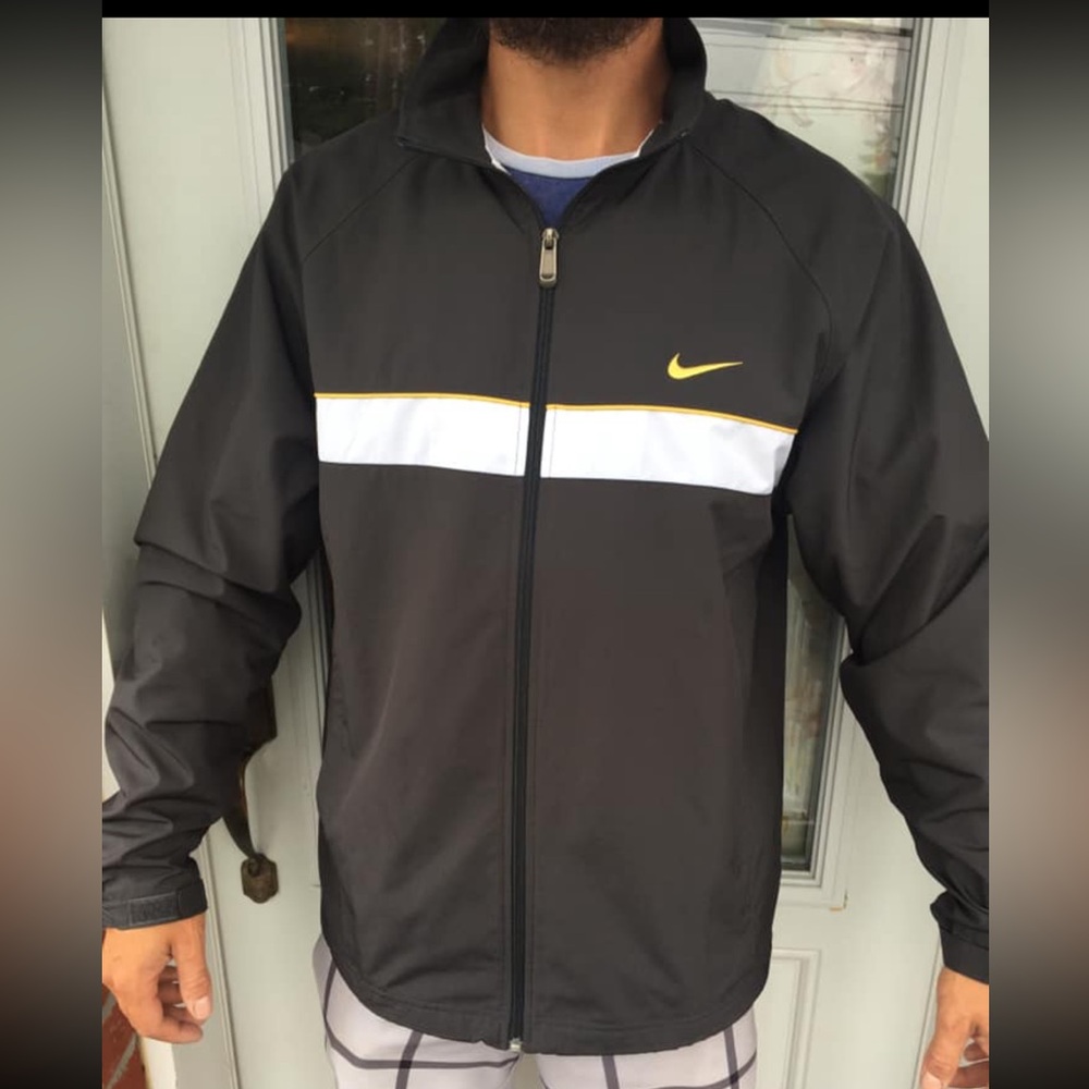 Nike Men's Black Windbreaker with White and Yellow Details